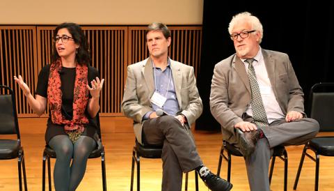 From left, Researchers Rachel Winograd, Timothy J. Trull and Kenneth J. Sher answer questions from the audience about addiction at the Bond Life Sciences Center. Photo Credit: Yehyun Kim/Columbia Missourian