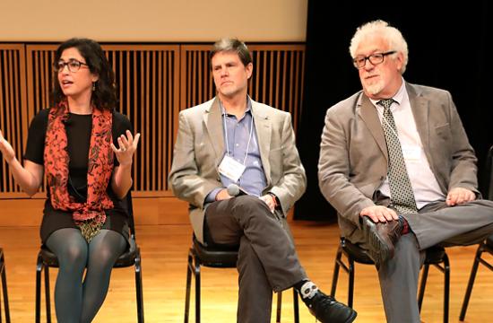 From left, Researchers Rachel Winograd, Timothy J. Trull and Kenneth J. Sher answer questions from the audience about addiction at the Bond Life Sciences Center. Photo Credit: Yehyun Kim/Columbia Missourian